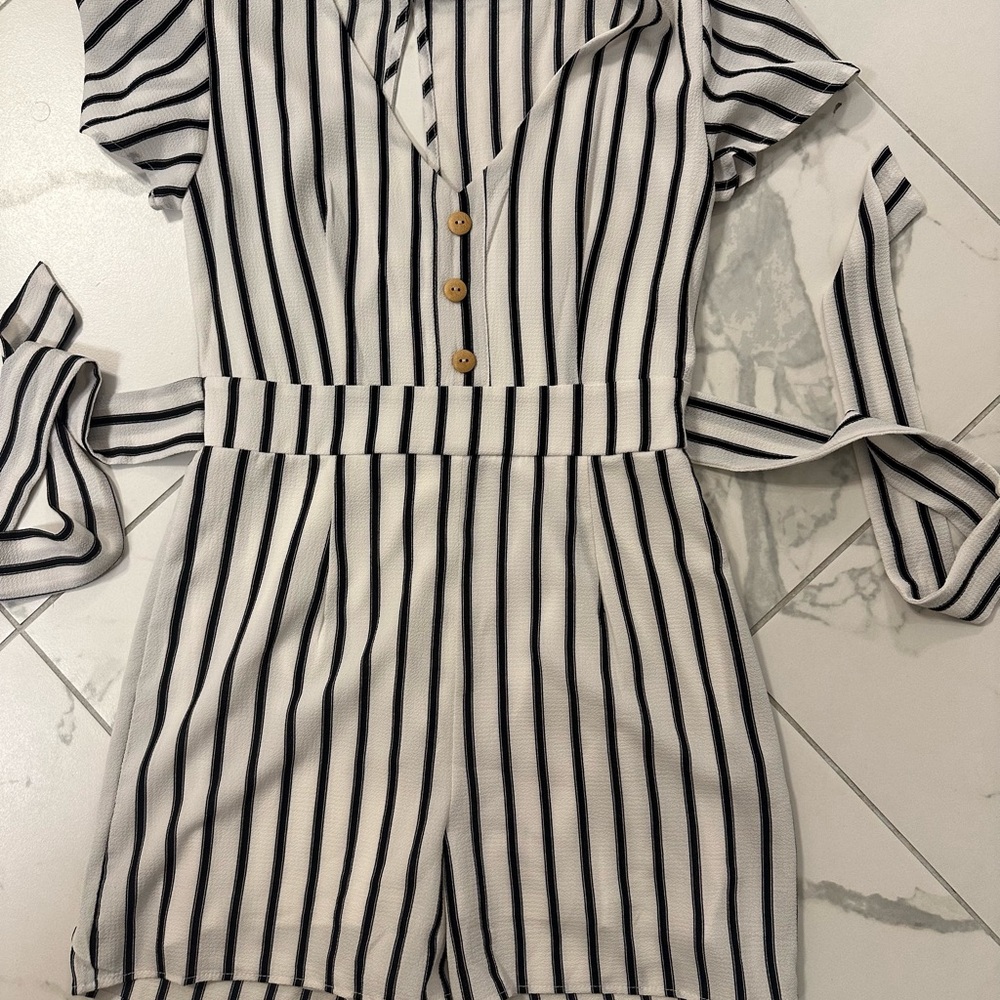 Striped Cream and Black Short Romper with Waist Tie